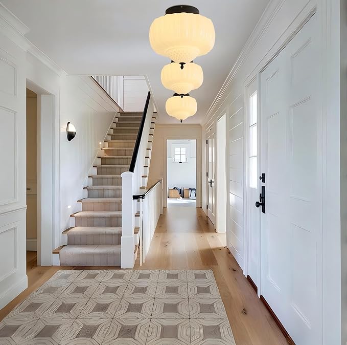 LIGHTLAND Milk Glass Ceiling Light, 13.8 Inch Mid Century Semi Flush Mount Ceiling Light Fixture, Vintage Chandelier for Bedroom, Living Room, Dining Room, Hallway (Style A, White)