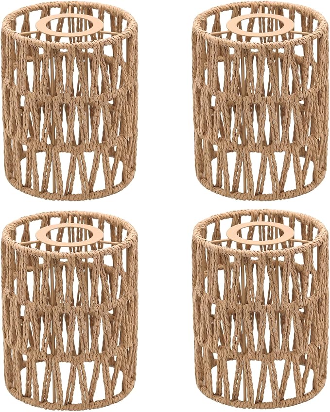 4-Pack Boho Rattan Lamp Shades,5.9" H x 4.7" D Woven Small Shade Replacement 3-Tier 1.62in Fitter Farmhouse Pendant Light Cover for Chandelier Floor Wall Lamp(Brown)