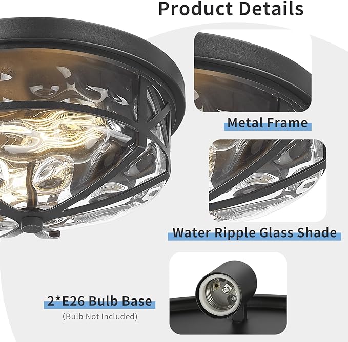 Darkaway 15inch Ceiling Light Fixtures Large Flush Mount Light Fixtures with Water Ripple Glass Shade, Indoor Outdoor Ceiling Light for Kitchen Bathroom Bedroom Hallway Entry Porch
