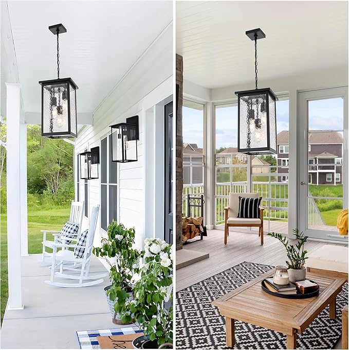TODOLUZ Large 3-Light Outdoor Pendant Light Fixture, Exterior Hanging Porch Lighting with Hammered Glass, Adjustable Long Chain & E26 Bulb Base