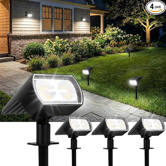 Solar Lights Outdoor Waterproof, 4 Pack 60 LED Solar Spot Lights Outdoor, Dusk to Dawn Light Sensor, 3 Lighting Modes, IP65 for Outside Pathway Yard Garden and Landscape（Cool White）