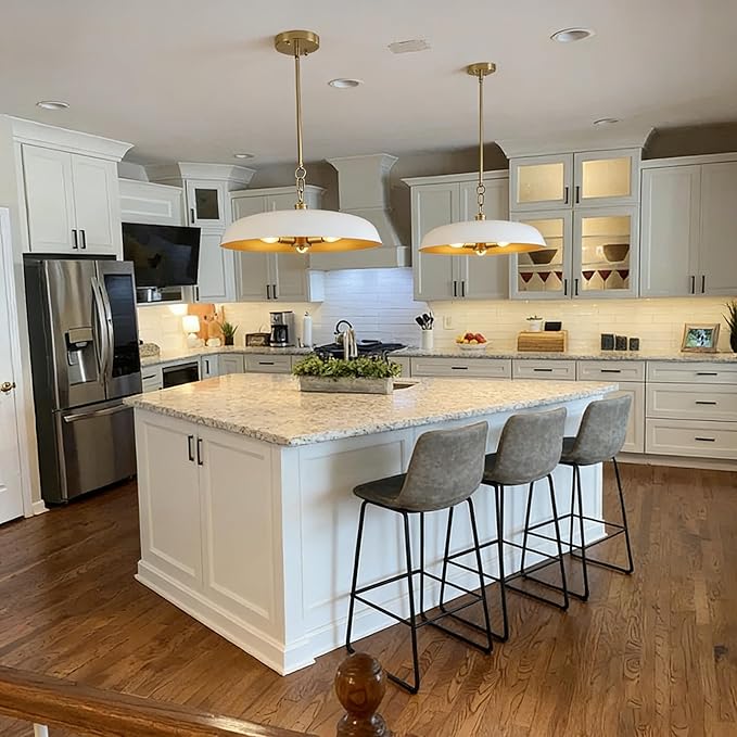 20 Inch Modern Large Pendant Lights, 3-Lights White and Gold Metal Dome Chandelier, Mid Century Pendant Lighting Fixture Ceiling Hanging Light for Kitchen Island, Dining Room Over Table, Bar