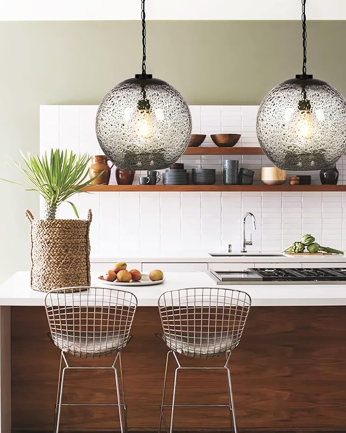CASAMOTION Pendant Light Fixtures Hand Blown Glass Drop Ceiling Hanging Lighting Rustic Farmhouse Kitchen Island Clear Marble Large Globe Over Dining Room Table Entryway Hallway 15.6 Inch Height