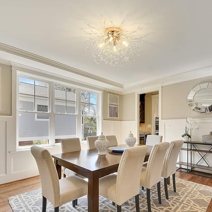 Modern Small Crystal Ceiling Light Fixture, 4-Light Gold Crystal Sputnik Firework Chandelier, Semi Flush Mount Ceiling Light Fixtures for Bedroom Kitchen Hallway Entryway Bathroom(H9.5'' x W17.7'')