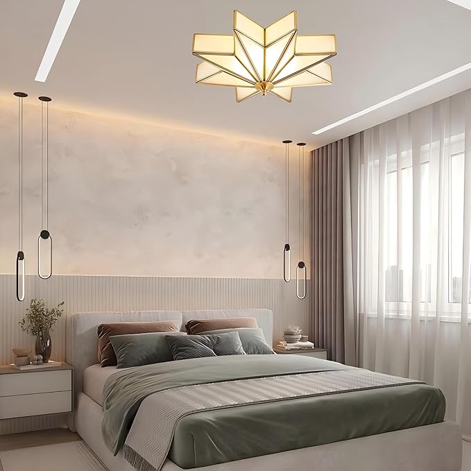 LIGHTLAND 19.7 Inch Flush Mount Star Ceiling Light, 4 Lights Brass Ceiling Lamp with Glass Lampshade, Art Deco Close to Ceiling Light Fixtures for Bedroom Living Room Entryway Hallway, Gold
