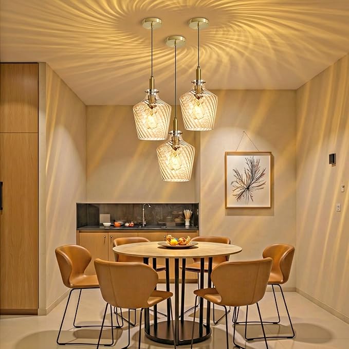 Modern Amber Glass Pendant Light for Kitchen Island 1 Pack, Farmhouse Gold Pendant Light Fixtures Adjustable Hanging Ceiling Light Angled Striped Amber Glass Shades 8 Inch