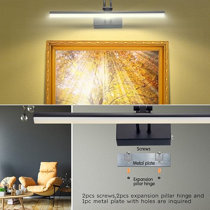 RAIFOOLLY Picture Light, Cordless Picture Lights for Wall, 16 Inch Picture Lights with Timer and Dimmable, 5000mAh Battery Wall Lights for Display Gallery Painting Art Frame Portrait - Black, Metal
