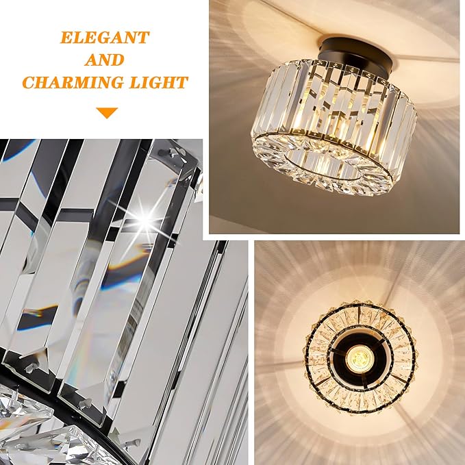 BUXVRCS Crystal Ceiling Light Fixture - Semi Flush Mount Ceiling Light Modern Chandelier Hallway Light Fixtures Ceiling Flush Mount Light Fixtures for Kitchen Bedroom Bathroom Entryway (Black)