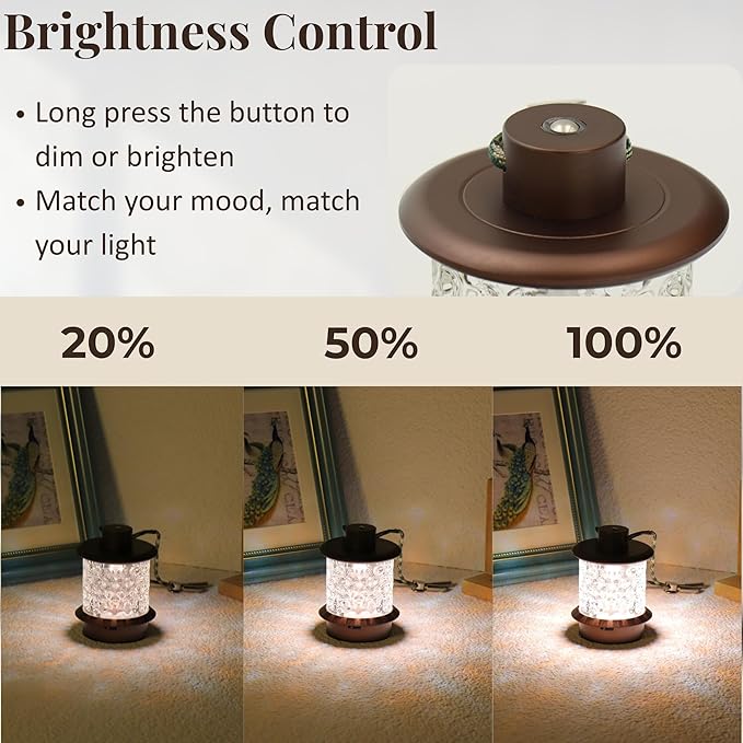 HAPYGI Portable Lantern Table Lamp - Dimmable Cordless Night Light with 3 Color Temperatures, Rechargeable Metal & Glass Outdoor Indoor Lamp for Patio Bedroom Bathroom Decor (Coffee)