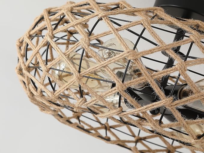 6-Light Large Coastal Boho Woven Flush Mount Ceiling Light Fixture 20 inch Handmade Hemp Rope Round Cage Semi Flush Mount Ceiling Light for Hallway Entry Farmhouse Bedroom Living Room Beach, Black