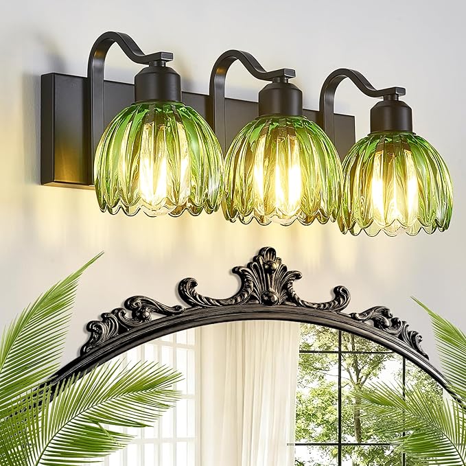 3-Light Black Vanity Lights with Green Tulip Glass Shade, Bathroom Lighting Fixture Over Mirror, Vintage Vanity Wall Sconce Lamp for Kitchen Living Room Hallway