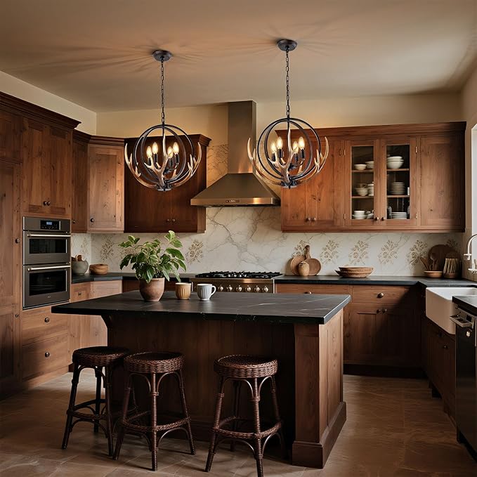 Farmhouse Antler Pendant Light – 19.3"x18.1" Metal Globe and Resin Antlers, E12 Base, Brown Indoor Hanging Light for Kitchen Dining Room