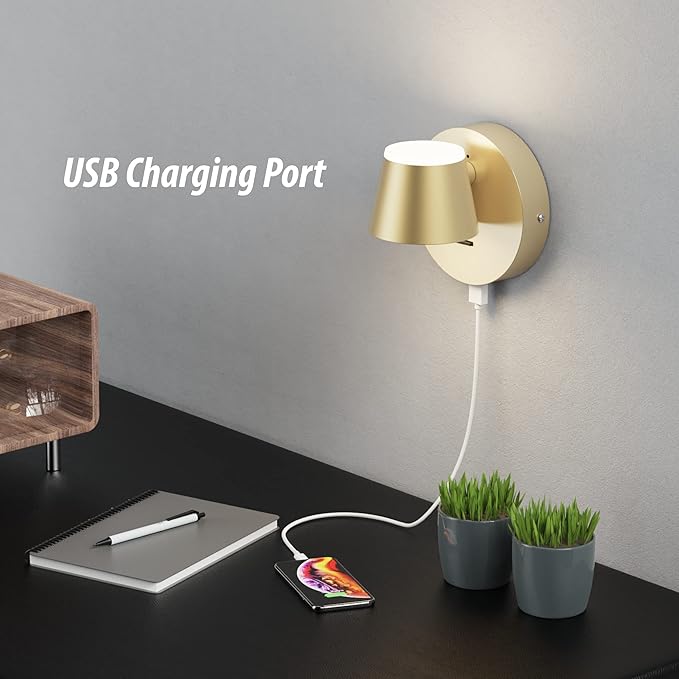 URSOLA Wall Light Set of Two, LED Wall Sconce with On/Off Switch USB Charging Port 110 Volt Hardwired Wall Lamp 350 Rotatable Up Down Sconces Wall Lighting (Champaign)