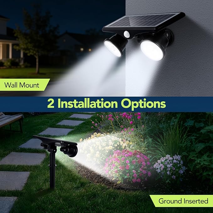Solar Lights Outdoor Waterproof, 6000K Ultra Bright,2 Lighting Modes Motion Sensor Outdoor Flood Light,Adjustable Heads and Glass Panel Solar Powered Spotlights for Pathway Garden Yard