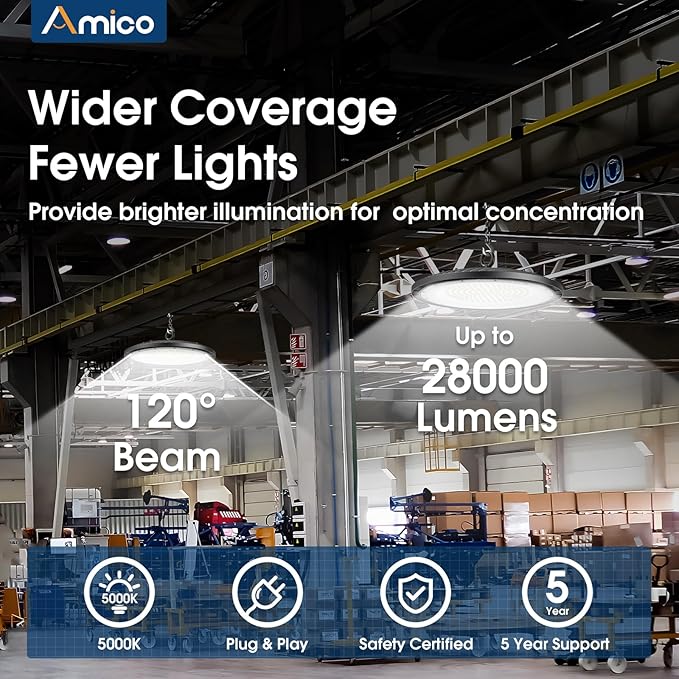 Amico 200W 10 Pack UFO LED High Bay Light 28,000lm 5000K LED High Bay Lights with UL Listed US Hook 5' Cable Alternative to 650W MH/HPS for Gym Factory Barn Warehouse