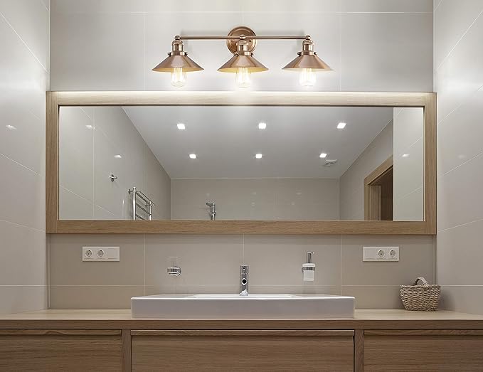 JONATHAN Y 26.5" Brass Gold 3-Light Industrial Farmhouse Metal Vanity Light Wall Sconce, Metal Shade for Bathroom Mirror, Kitchen, Entryway, LED Bulb Included (JYL7431A)