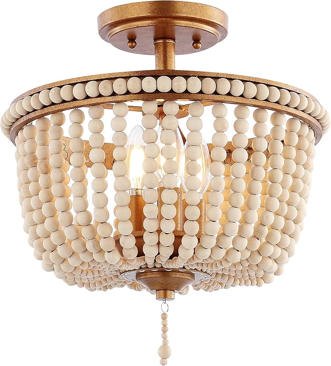 JONATHAN Y 14" Antique Gold/Light Taupe Wood Beaded LED Semi Flush Mount Light, Boho Farmhouse 3-Light Ceiling Chandelier with Cream Wood Bead Shade for Nursery, Bedroom (JYL9020C)