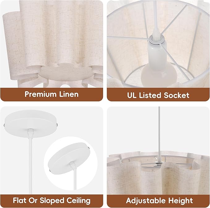 Littleglovo 15.7" Pendant Lights Kitchen Island, 1-Light Linen Petal Lampshade Dining Room Light Fixture Modern Chandeliers Hanging Pendant Lighting for Bedroom Nursery Living Room Foyer Entryway