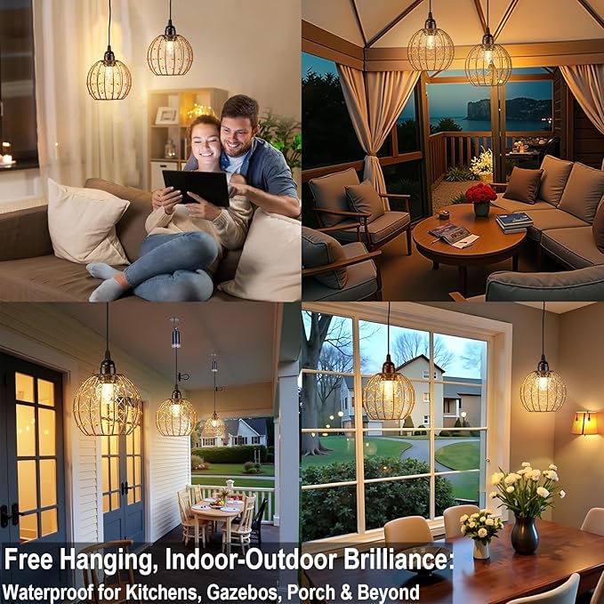 TWINKVILLA Hanging Pendant Lights, Battery Operated Outdoor Chandelier with Warm White LED Bulb for Patio Tree Pergola Gazebo Porch (Beaded Ball-G50-2PK)