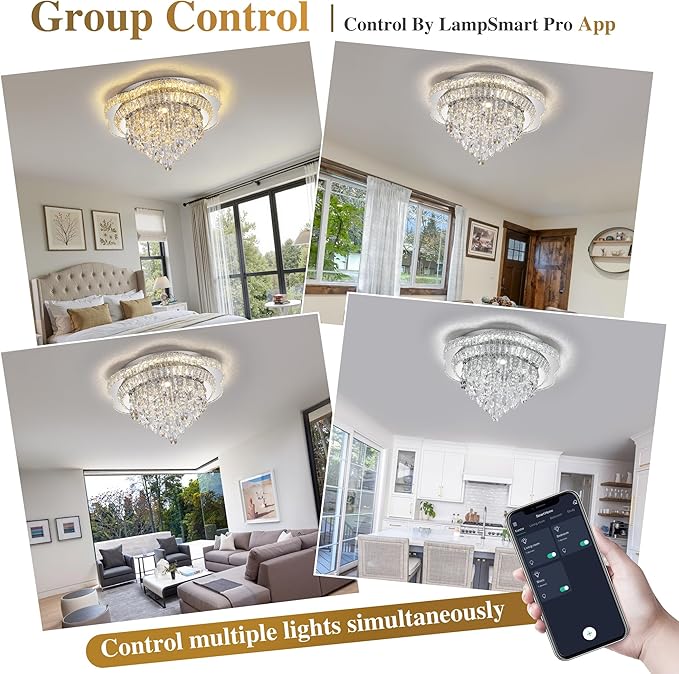 24" Sliver Crystal LED Ceiling Light Fixture with Remote Control,Flush Mount Chandelier with 3-Color Dimmable for Living Room Bedroom Dining Room Hallway - Modern Flower Design