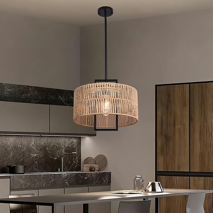 1-Light Boho Light Fixture 12.60" Rattan Pendant Light for Kitchen Island Hand Woven Rustic Dining Room Light Fixture Rattan Pendant Light Fixture
