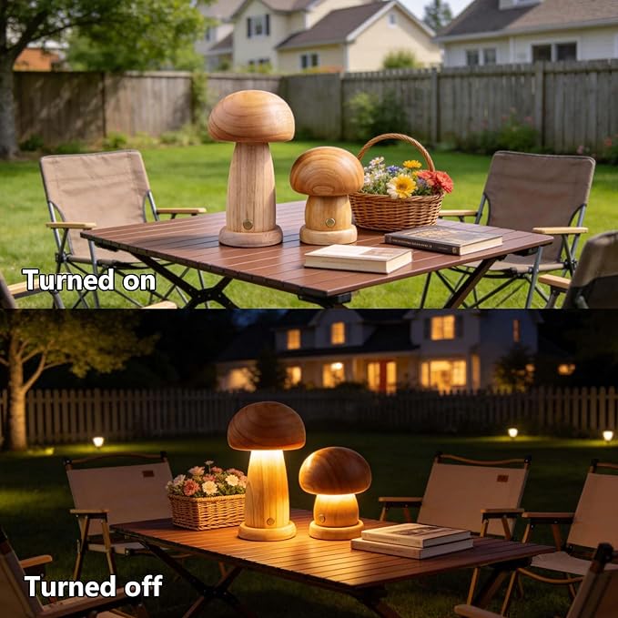 Wooden Mushroom Lamp Rechargeable, Cordless Table Lamp, Portable Mushroom Night Light for Bedroom, Studyroom, Living Room, Office, Birthday Gifts, Rubber Wood