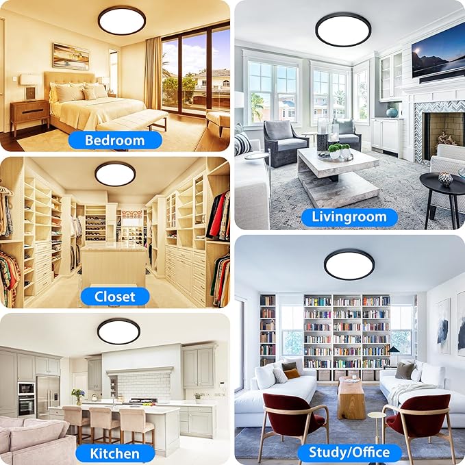 Peasur 12 inch LED Ceiling Light, 3000K/3500K/4000K/5000K/6500K Adjustable Flush Mount Light Fixture,3200LM 28W Thin Black Round Lamp for Hallway Kitchen Bathroom Bedroom, 8Pack