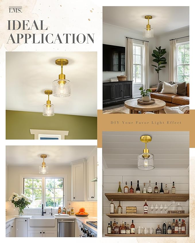 LMS Modern 1-Light Semi Flush Mount Ceiling Light, Brushed Gold Close to Ceiling Light with Seeded Glass Shade, Farmhouse Lighting for Hallway Corridor Kitchen, LMS-101GD