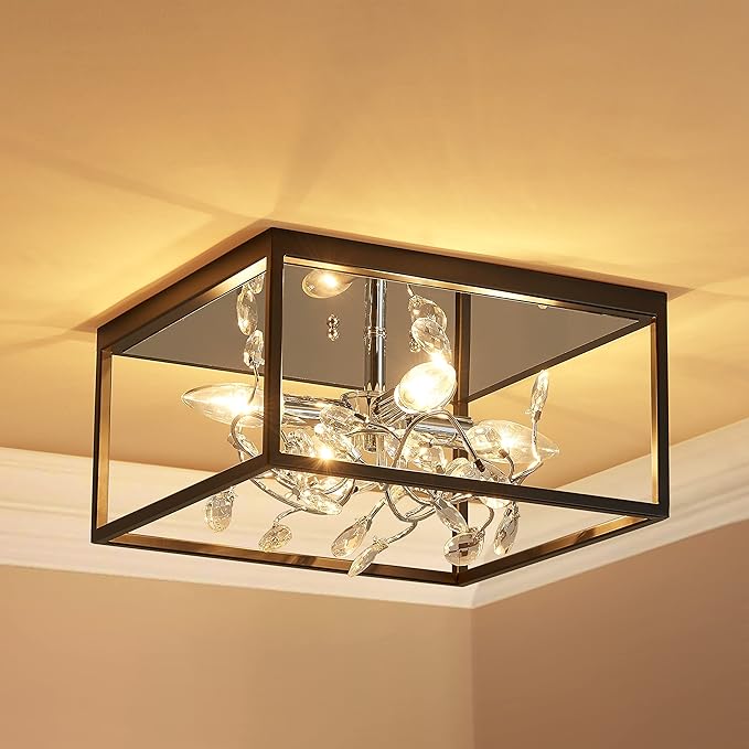 AGV LIGHTING CL044C Crystal Ceiling Light Fixture, Modern Flush Light, Perfect for Living Space, D12.5 x H8, E12 Base 3-Lights, Matte Black & Chrome Finish