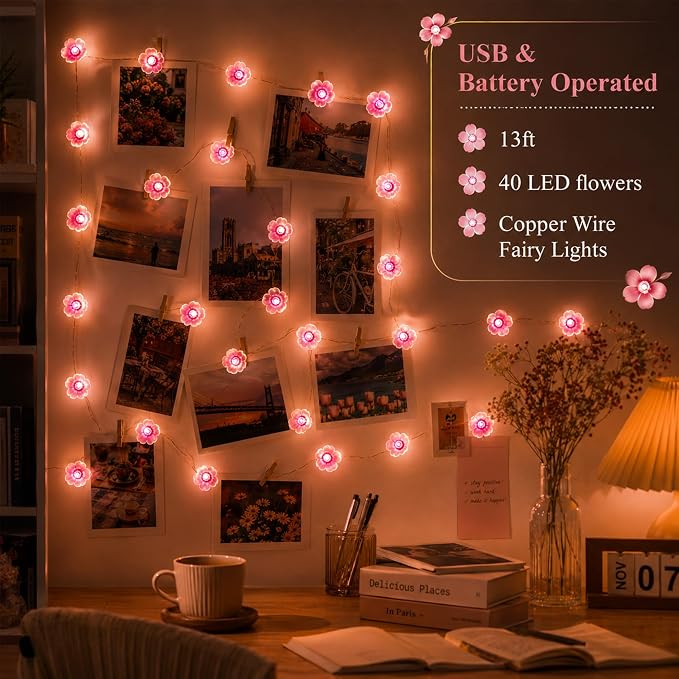 USB/Battery Operated 13ft Copper Wire 40LED Pink Cherry Blossom Fairy Light | Flower-Shaped Fairy Lights String – Indoor & Outdoor Hanging Decor for Valentine's Day, Mother's Day, Wedding Parties