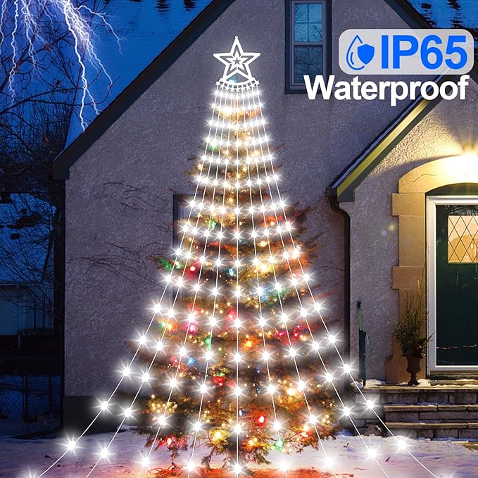 Christmas Decorations Star Lights Outdoor, 11.48ft 350 LED Waterfall Tree Lights with 8 Modes Timer Remote Plug in Christmas Lights for Indoor Yard Patio Home Holiday Party Decor, Pure White