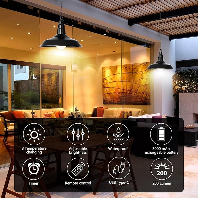 2 Pack Black Battery Operated Hanging Outdoor Chandelier, Rechargeable Portable Wireless Pendant Lights with Remote, Battery Powered Hanging Lamp Lantern for Indoor Outdoor Porch Patio Gazebo
