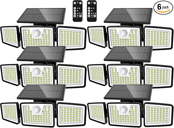 daphino 2500LM Solar Lights Outdoor with Motion Sensor,3 Head 270° Wide Angle Street Area Lights,IP65 Waterproof Security Lighting with 3 Modes(Remote,6 Pcs)