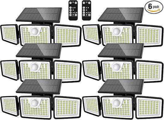 daphino 2500LM Solar Lights Outdoor with Motion Sensor,3 Head 270° Wide Angle Street Area Lights,IP65 Waterproof Security Lighting with 3 Modes(Remote,6 Pcs)