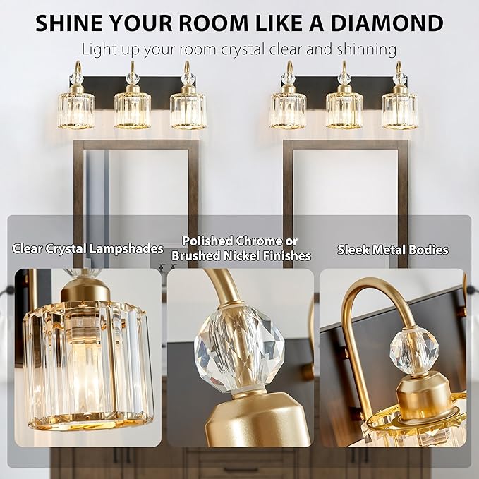 Bathroom Vanity Light Fixtures Over Mirror - Makeup Lighting Black Gold - for Modern Wall, Bath, Desk, Farmhouse, Hallway 3 Crystal Lights