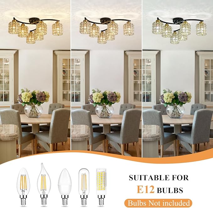6-Light Ceiling Light Fixtures,Crystal Semi-Flush Fixture,Black & Gold Farmhouse Ceiling Light, Luxury Flush Mount Lighting for Dining Room, Living Room, Kitchen Island