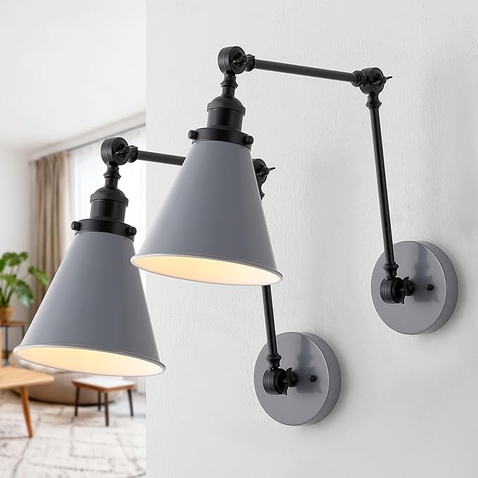 JONATHAN Y 7" Gray/Black Classic Industrial Metal Adjustable Arm LED Wall Sconce for Bedside Reading, Farmhouse Swing Arm Wall Lamp with Metal Shade, Hardwired (JYL7462H-SET2)
