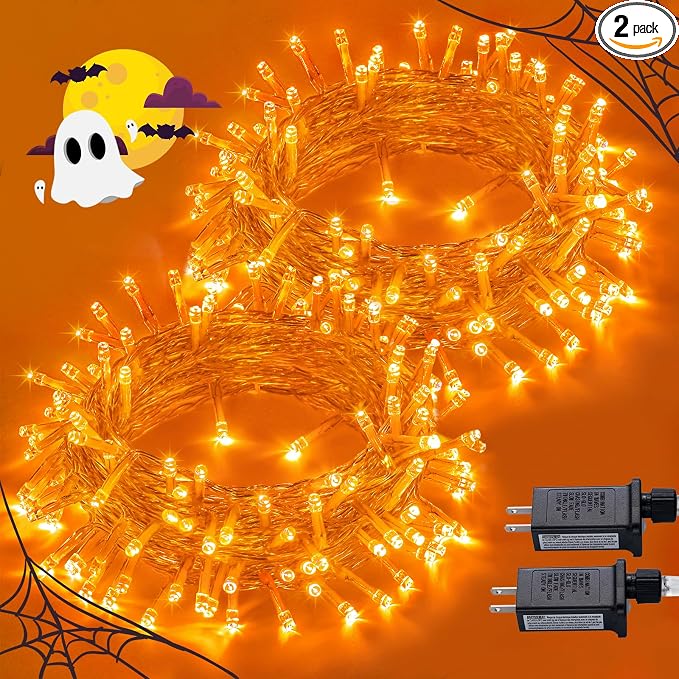 JMEXSUSS 2 Pack 100 LED Orange Halloween Lights Outdoor, 33ft Connectable Orange String Lights Indoor for Halloween with 8 Modes, Clear Wire Fall Lights Plug in for Thanksgiving Christmas Decorations