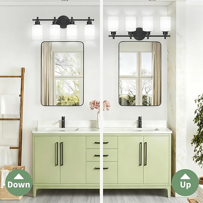 4-Light Bathroom Vanity Light, Black Vanity Lights for Bathroom, Modern Wall Sconce with White Glass Shades, Anti-Rust Vanity Light Fixture over Mirror, 23 Inch (Bulbs Not Included, E26 Base)