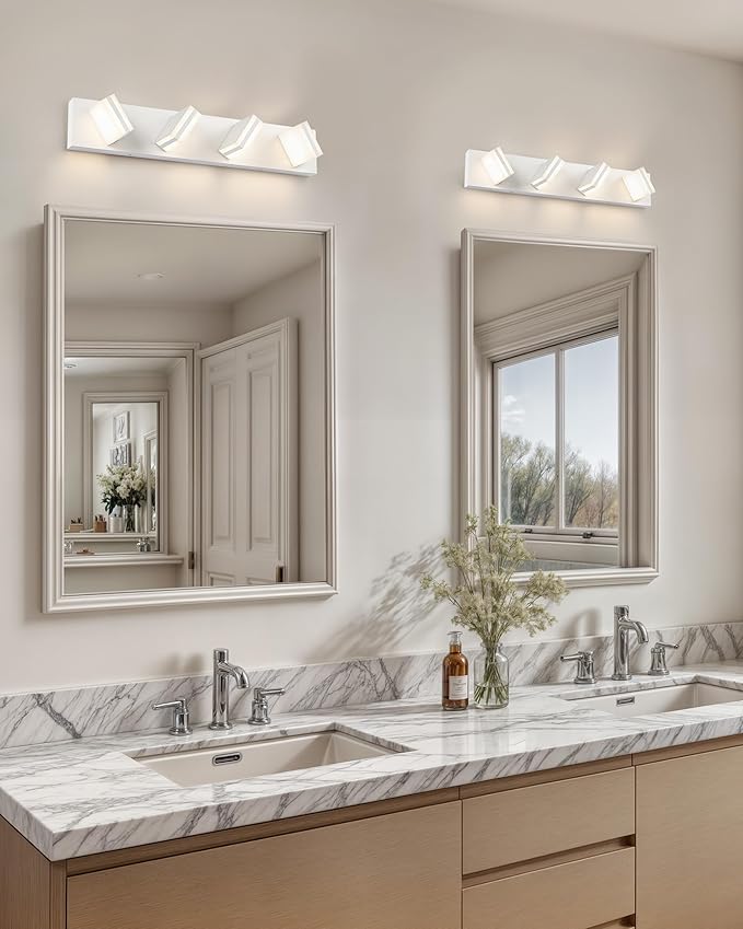 VONLUCE Bathroom Vanity Light Fixture, 4-Light Modern LED Vanity Light, 3CCT Adjustable Bathroom Lights with Memory Function Rotatable Shades, 26" Wall Lighting Fixture Over Mirror, Matte White