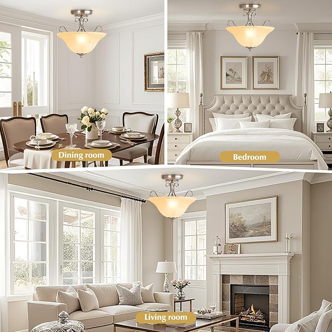 Luvkczc Semi Flush Mount Ceiling Light,Brushed Nickel Ceiling Light Fixture, Mid Century Ceiling Light,Modern Glass Close to Ceiling Light for Bedroom Kitchen Porch Hallway,Bulbs Not Included