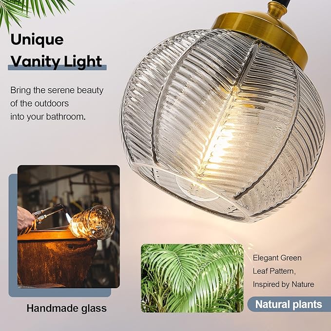 MOKATNG Bathroom Light Fixtures, 3-Light Smokegray Vanity Lights with Unique Leaf Texture Glass Shade, Modern Matte Black and Gold Bathroom Wall Lamp for Mirror Hallway Cabinet Living Room