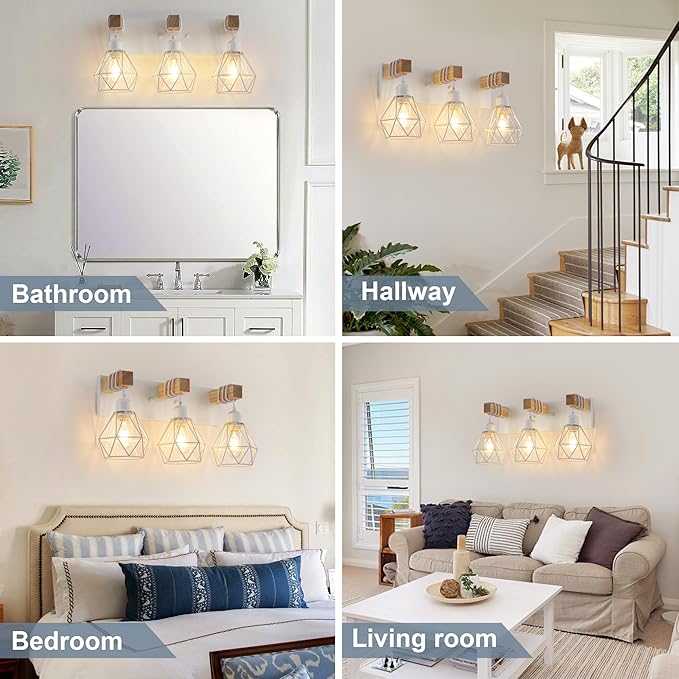 Farmhouse Vanity Light for Bathroom, 3-Light White Wood Bathroom Vanity Light Fixtures Over Mirror, Rustic Sconces Wall Lighting with Metal Lampshade for Living Room, Bedroom, Hallway