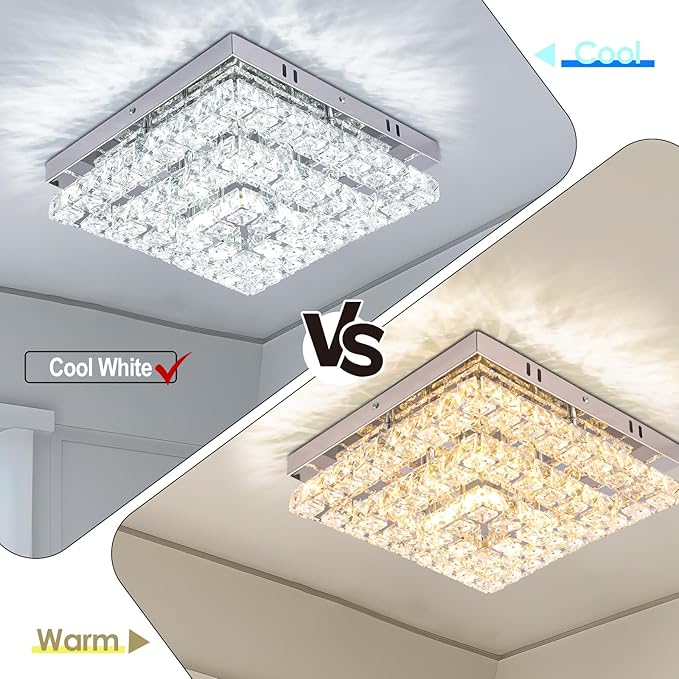 11.8" Crystal Chandelier LED Crystal Flush Mount Ceiling Light Modern Chandeliers Square Ceiling Light for Bedrooms Hallway Kitchen Office (6500K Cool White) Without Remote Control