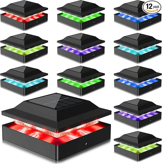 12 Pack Solar Post Cap Lights RGB Color Changing, IP65 Waterproof for 4x4 Wood/Vinyl Posts, Auto On/Off Fence Posts Solars Light for Deck Patio Garden Decoration, Black