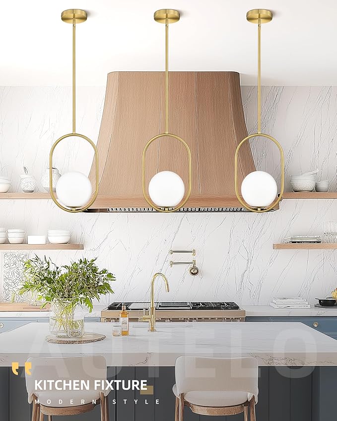 AUTELO Gold Pendant Lights, 1-Light Pendant Lights Kitchen Island in Brushed Gold Finish with Milky White Globe Glass, Mid Century Pendant Light Fixtures, Gold Hanging Lights for Kitchen H9376 MGBG