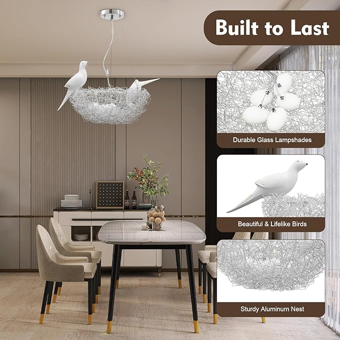 5 Lights Bird's Nest Pendant Light LED Chandelier w/Adjustable Cord Woven Nest Chandelier for Living, Dining, Study, Bedroom, Silver Dia 40cm