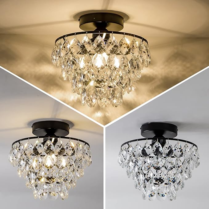 CM MZY Modern Small Crystal Ceiling Light Fixture, Matt Black Semi Flush Mount Ceiling Light Fixture, Mini Crystal Chandeliers for Hallway Bedroom Bathroom Closet Bedroom Foyer