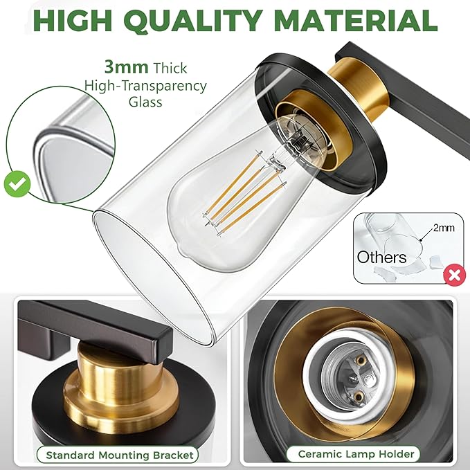 DORESshop Bathroom Light Fixtures, 3-Light Black and Gold Bathroom Lights Over Mirror with Clear Glass Shade,Vanity Lights for Bathroom Hallway Bedroom Living Room, ETL Listed