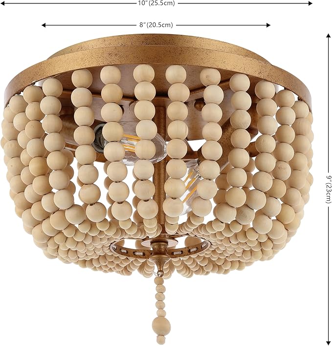 JONATHAN Y 10" Antique Gold/Cream Allison 2-Light LED Flush Mount Ceiling Light for Bedroom, Wood Beaded Shade Shabby Chic Farmhouse Rustic Decor, LED Bulbs Included JYL9074A
